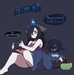  anthro big_butt black_hair blue_eyes blue_fire breasts butt canine clothed clothing coloured_flesh dragon duo feline female food fox fur glowing glowing_flesh hair juno kanel mammal panties scalie simple_background smolder text tongue underwear upset video_games white_fur 