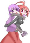  belt blush breasts candy carrying food hono kae lollipop long_sleeves midriff multiple_girls nanako_(suguri) piggyback purple_eyes purple_hair red_eyes red_hair shoes short_hair skirt suguri thighhighs tied_hair 