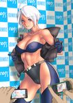  1girl angel_(kof) arikawa armpits bare_shoulders belt blue_eyes blue_gloves breasts bustier cellphone cowboy_shot cropped_jacket gloves highres jacket large_breasts legs looking_at_viewer mound_of_venus navel open_clothes parted_lips short_hair solo_focus standing the_king_of_fighters thighs thong white_hair 