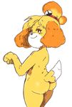  2017 animal_crossing anthro blush butt canine dipstick_tail dog fur inkerton-kun isabelle_(animal_crossing) looking_at_viewer looking_back mammal multicolored_tail nintendo nude rear_view simple_background smile solo video_games white_background 