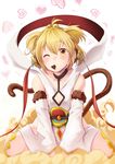  aki_(akikaze_asparagus) andira_(granblue_fantasy) animal_ears bare_shoulders beads blonde_hair chocolate choker cleavage_cutout collarbone detached_sleeves diamond_(shape) erune food_in_mouth fur_trim granblue_fantasy hair_between_eyes hairband leotard looking_at_viewer monkey_ears monkey_tail one_eye_closed sash shawl short_hair sitting solo tail two_side_up wariza white_leotard yellow_eyes 