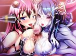  1boy 2girls between_breasts blue_skin breast_grab breasts censored claws cum f.s. game_cg gia grabbing horns large_breasts long_hair multiple_girls multiple_paizuri nail_polish nipples paizuri penis pointy_ears tail tongue tongue_out violated_hero wings 