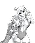  1boy 1girl breasts cleavage fairy_tail large_breasts lucy_ashley mashima_hiro monochrome natsu_draygon smile 