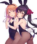  ass back back-seamed_legwear bare_back bare_shoulders black_hair black_leotard blush bow bowtie brown_eyes brown_legwear bunny_ears bunny_girl bunny_tail bunnysuit detached_collar fake_animal_ears hair_ribbon idolmaster idolmaster_cinderella_girls leotard long_hair looking_at_viewer matoba_risa multiple_girls open_mouth orange_hair pantyhose ribbon seamed_legwear simple_background tail terumii twintails white_background wrist_cuffs yellow_eyes yuuki_haru 