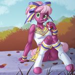  2016 anthro beverage_can breasts brian_mcpherson cheerilee_(mlp) clothing cropped drinking earth_pony equine eyebrows eyelashes female friendship_is_magic fur green_eyes hi_res horse leaves legwear mammal my_little_pony no_underwear pink_fur pony pussy shirt skirt socks solo upskirt 