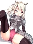  animal_ears armor black_legwear blush breastplate brown_eyes cameltoe commentary dutch_angle embarrassed faulds kemono_friends long_hair looking_at_viewer open_mouth panties pantyshot pantyshot_(sitting) pauldrons pink_panties ponytail rhinoceros_ears shadow simple_background sitting solo thighhighs underwear usume_shirou white_background white_hair white_rhinoceros_(kemono_friends) 