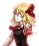  amputee ascot bangs blonde_hair blood bloody_clothes bow breasts collared_shirt commentary_request enperuto_(yarumi) eyebrows_visible_through_hair from_side hair_between_eyes hair_bow injury looking_to_the_side profile red_bow red_eyes rumia shirt simple_background sleeveless small_breasts solo tears teeth torn_clothes torn_shirt touhou upper_body white_background white_shirt white_skin 
