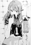  blush bottle breasts commentary enokida_mai greyscale highres long_hair looking_at_viewer medium_breasts midriff monochrome nakajima_ryou navel original ranker's_high solo stomach sweat water_bottle 