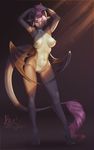  4_toes anthro armpits breasts digitigrade dragon eyes_closed female hair kittythesilence membranous_wings navel nipples nude purple_hair pussy simple_background solo standing toes wide_hips wings 