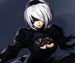  black_blindfold black_dress black_hairband blindfold breasts cleavage cleavage_cutout closed_mouth dress grey_background hairband hankuri juliet_sleeves long_sleeves medium_breasts mole mole_under_mouth nier_(series) nier_automata puffy_sleeves short_hair simple_background solo white_hair yorha_no._2_type_b 