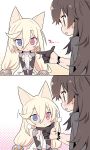  2girls 2koma :d animal_ears babydoll black_gloves blade_(galaxist) blonde_hair blue_eyes blush brown_eyes brown_hair cat_ears closed_mouth comic commentary_request finger_gun g41_(girls_frontline) girls_frontline gloves hair_ornament half_gloves halftone halftone_background heterochromia long_hair low-tied_long_hair multiple_girls open_mouth qbz-97_(girls_frontline) red_eyes smile v_arms very_long_hair white_babydoll 