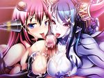  1boy 2girls between_breasts blue_skin breast_grab breasts censored claws cum f.s. game_cg gia grabbing horns large_breasts licking long_hair multiple_girls multiple_paizuri nail_polish nipples paizuri penis pointy_ears tail tongue tongue_out violated_hero wings 