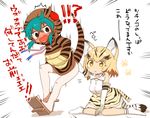  animal_ears animal_print blonde_hair blush_stickers bottomless cat_ears cat_tail commentary gloves green_hair hands_in_pockets harusame_(unmei_no_ikasumi) hood hoodie implied_pantyshot kemono_friends long_sleeves multiple_girls sand_cat_(kemono_friends) short_hair sidelocks snake_tail socks surprised tail translated tsuchinoko_(kemono_friends) white_gloves white_legwear yellow_eyes 