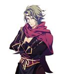  circlet fire_emblem fire_emblem_if gloves green_hair kokutan_kitsunen male_focus purple_eyes scarf simple_background solo suzukaze_(fire_emblem_if) upper_body white_background 