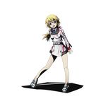  alpha_transparency arm_behind_back blonde_hair blue_ribbon charlotte_dunois divine_gate eyebrows_visible_through_hair full_body hair_between_eyes hair_ribbon heart highres infinite_stratos long_hair long_legs looking_at_viewer low-tied_long_hair neck_ribbon official_art open_mouth ponytail purple_eyes purple_ribbon ribbon solo transparent_background ucmm uniform 
