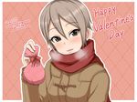  black_eyes blush breath dated earrings gift grey_hair happy_valentine idolmaster idolmaster_cinderella_girls jewelry looking_at_viewer negija parted_lips red_scarf scarf shiomi_shuuko short_hair smile solo upper_body valentine 