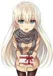  bangs black_legwear blonde_hair blush breasts cowboy_shot eyebrows_visible_through_hair gift green_eyes grey_scarf hair_between_eyes highres holding holding_gift incoming_gift long_hair looking_at_viewer medium_breasts open_mouth original pantyhose scarf simple_background smile solo tsukimizu_(ordeal) valentine white_background 