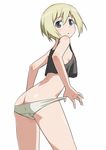  ass blonde_hair blue_eyes crop_top crop_top_overhang erica_hartmann from_side looking_at_viewer midriff no_bra open_mouth panties panty_pull see-through short_hair solo strike_witches tank_top underwear white_background world_witches_series yuuki_maya 