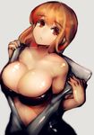  bandeau bangs bare_shoulders bodysuit breasts brown_eyes cleavage collarbone highres lapaco large_breasts looking_at_viewer orange_hair original parted_lips shiny shiny_skin solo undressing upper_body 