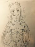  bangs blunt_bangs breasts covering_nipples embarrassed fate/grand_order fate_(series) gloves graphite_(medium) highres long_hair medb_(fate)_(all) medb_(fate/grand_order) medium_breasts monochrome naoyama_masaru solo tiara traditional_media very_long_hair 