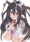  black_hair breasts cleavage danua draph granblue_fantasy horns huge_breasts inverted_nipples long_hair nipples pointy_ears simple_background solo tomiokasena topless white_background 