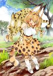  animal animal_ears animal_on_shoulder boots bow bowtie carrying commentary highres holding kemono_friends namesake serval serval_(kemono_friends) serval_ears serval_print serval_tail shigurio skirt slit_pupils tail tree 