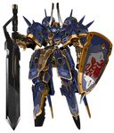  gundam_tekketsu_no_orphans helmwige_reincar highres horns huge_weapon mecha ningen_plamo no_humans planted_sword planted_weapon redesign shield simple_background solo spikes sword weapon white_background 