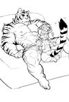  2016 abs anthro armpits barefoot biceps clothed clothing duo feline fur hand_on_head human larger_male looking_down lying male mammal monochrome muscular muscular_male navel nipples o_o on_back open_mouth pants pecs rollingstoneeeeee sitting size_difference smaller_male sofa stripes teeth tiger topless underwear 
