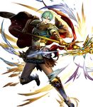  armor attack belt black_cape blue_armor blue_eyes blue_fire blue_footwear boots brown_pants cape energy ephraim fire fire_emblem fire_emblem:_seima_no_kouseki fire_emblem_heroes gauntlets greaves green_hair highres holding holding_weapon lance male_focus mayachise multiple_belts official_art open_mouth pants polearm serious shoulder_armor solo teeth transparent_background weapon 
