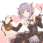  :3 armpits bare_shoulders bracer breasts cleavage cleavage_cutout costume detached_sleeves dress horns idolmaster idolmaster_cinderella_girls koshimizu_sachiko lavender_hair mitsumi_misato short_hair small_breasts solo valentine 