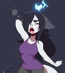  anthro armpits black_hair blue_fire breasts canine clothed clothing feline female fox fur hair juno kanel mammal open_mouth simple_background solo tongue white_fur 