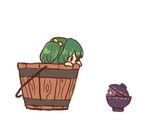  2girls bow bowl bowl_hat bucket chibi eye_contact green_hair hair_bobbles hair_bow hair_ornament hat in_bowl in_bucket in_container jpeg_artifacts kisume looking_at_another lowres minigirl multiple_girls peeking_out purple_hair simple_background sukuna_shinmyoumaru terrajin touhou white_background wooden_bucket 