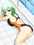  1girl artist_request ass bare_shoulders blush breast_press breasts expressionless green_hair large_breasts looking_at_viewer lying naraku_(senran_kagura) on_side one-piece_swimsuit pool purple_eyes senran_kagura senran_kagura_(series) shiny shiny_hair shiny_skin short_hair sideboob solo swimming_pool swimsuit wet 