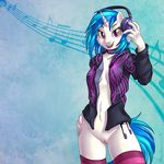  2016 anthro anthrofied blue_hair bottomless brian_mcpherson choker clothed clothing cropped cutie_mark dj equine female friendship_is_magic hair headphones hi_res hoodie horn legwear looking_at_viewer mammal multicolored_hair musical_note my_little_pony navel open_hoodie open_mouth pussy smile socks solo striped_legwear striped_socks stripes thigh_highs two_tone_hair unicorn vinyl_scratch_(mlp) 