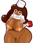  big_breasts breasts brown_skin clothing clothing_lift cocoa_cookie cookie_run cup eyelashes female hair hot_chocolate humanoid looking_at_viewer marshmallow mysticaldark nipples not_furry open_mouth simple_background solo sweater thick_thighs white_background wide_hips 