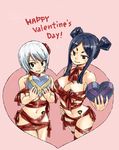  2girls black_hair breasts brown_eyes cleavage english fairy_tail large_breasts mashima_hiro minerva_orlando multiple_girls navel official_art silver_hair smile underboob valentine yukino_aguria 