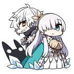  1boy 1girl ahoge anastasia_(fate/grand_order) blue_cape blue_eyes bow brown_eyes cape chan_co chibi closed_mouth commentary_request dress eyebrows_visible_through_hair fate/grand_order fate_(series) grey_hair hair_bow hair_over_one_eye hairband holding kadoc_zemlupus long_dress long_hair looking_at_viewer one_eye_covered pink_bow simple_background smile sweatdrop white_background white_dress 