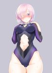  bare_shoulders blush breasts breath cowboy_shot elbow_gloves fate/grand_order fate_(series) gloves hair_over_one_eye hands_on_own_chest highres leotard looking_at_viewer mash_kyrielight medium_breasts navel navel_cutout nose_blush parted_lips purple_eyes purple_gloves purple_hair saruchitan short_hair solo sweat thigh_gap thighhighs 