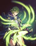  book fire_emblem fire_emblem:_monshou_no_nazo green_eyes green_hair hood hood_down hoodie kokutan_kitsunen male_focus marich solo 