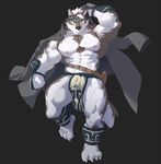  2017 abs anthro armpits biceps black_nose brown_fur bulge canine claws clothed clothing fur hand_behind_head loincloth looking_at_viewer male mammal muscular muscular_male nipples pecs raised_arm rollingstoneeeeee simple_background solo standing toe_claws toes topless white_fur wolf yellow_eyes 