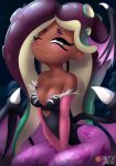  1girl arms_between_legs bare_shoulders blush breasts cleavage cosplay dark_skin iida_(splatoon) low_wings morrigan_aensland morrigan_aensland_(cosplay) one_eye_closed pantyhose print_legwear rilex_lenov solo splatoon splatoon_(series) splatoon_2 tentacle_hair wings 