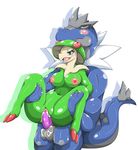  2017 anthro balls blush breasts breloom dinosaur erection female male male/female mammal mellonsoda nintendo nipples nude penis pok&eacute;mon pussy sex simple_background tyrantrum video_games white_background 