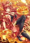  animal_ears anthuria artist_name bangs bare_shoulders black_legwear blush breasts cleavage closed_mouth dress erune fire granblue_fantasy hair_ornament long_hair looking_at_viewer medium_breasts red_dress red_eyes red_hair sideboob smile solo thighhighs very_long_hair villyane 