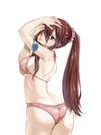  ass bikini breasts brown_eyes cowboy_shot erza_scarlet fairy_tail from_behind hair_ornament hair_over_one_eye hair_scrunchie hands_in_hair head_tilt large_breasts long_hair looking_at_viewer looking_back mashima_hiro md5_mismatch official_art pink_bikini red_hair scrunchie sideboob simple_background solo swimsuit tattoo underboob white_background 