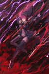  armor bodysuit breasts cloudy.r covered_navel fate/grand_order fate_(series) flower full_body gae_bolg highres holding holding_weapon large_breasts long_hair pauldrons polearm purple_bodysuit purple_hair red_eyes scathach_(fate)_(all) scathach_(fate/grand_order) shoulder_armor solo spear spider_lily veil weapon 