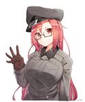  breasts brown_gloves commentary_request eiri_(eirri) glasses gloves hat large_breasts long_hair looking_at_viewer military military_uniform original peaked_cap red_eyes red_hair solo uniform very_long_hair 
