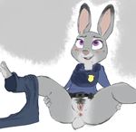  2016 anthro anus belt black_and_white blush bottomless butt clothed clothing disney ears_up feet female grey_background judy_hopps lagomorph looking_up mammal monochrome outline pants_around_ankles pants_around_one_leg pawtsun police_badge police_uniform presenting presenting_anus presenting_hindquarters presenting_pussy pubes pussy rabbit simple_background solo spreading sprocket_(artist) sweat uniform white_background zootopia 