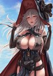  bare_shoulders breasts brown_eyes cleavage covered_nipples detached_sleeves granblue_fantasy huge_breasts light_smile long_hair looking_at_viewer magisa_(granblue_fantasy) parted_lips silver_hair solo thighs tomiokasena 