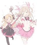  2girls akatsuki_yuni axe black_dress blade_(galaxist) blonde_hair chasing dress knife light_brown_hair multiple_girls natori_sana sana_channel skirt smile two_side_up uni_channel virtual_youtuber 