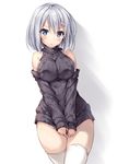  &gt;:o 1girl :o aran_sweater bare_shoulders blue_eyes blush breast_press breasts clothes_tug cowboy_shot curvy detached_sleeves exe_(xe) frown grey_sweater hair_ornament hair_over_one_eye hairclip hamakaze_(kantai_collection) impossible_clothes kantai_collection large_breasts looking_at_viewer no_panties open_mouth short_hair silver_hair simple_background solo sweater sweater_tug sweater_vest thighhighs thighs turtleneck turtleneck_sweater waifu2x white_background white_legwear wide_hips 
